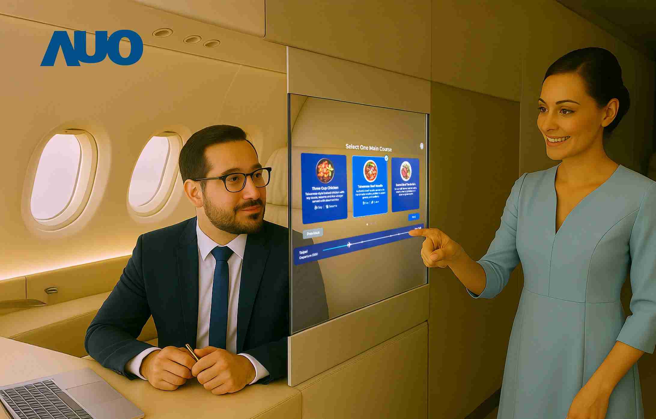 彩神vll研发全球最薄17.3 吋双面透明 Micro LED 显示器，，，可在同一屏幕之双边投射不同信息，，，创造独特的”透明化”互动；图为实时翻译交流应用情境